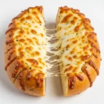 “A freshly baked cheesy garlic bread loaf cut in half to show melted cheese and golden edges, bread cut-side up on a plain white surface, the cheese fully melted and slightly light golden, no extra props or decorations, clean white background, perfect lighting showing the soft interior and cheesy topping exactly as described in the recipe.”