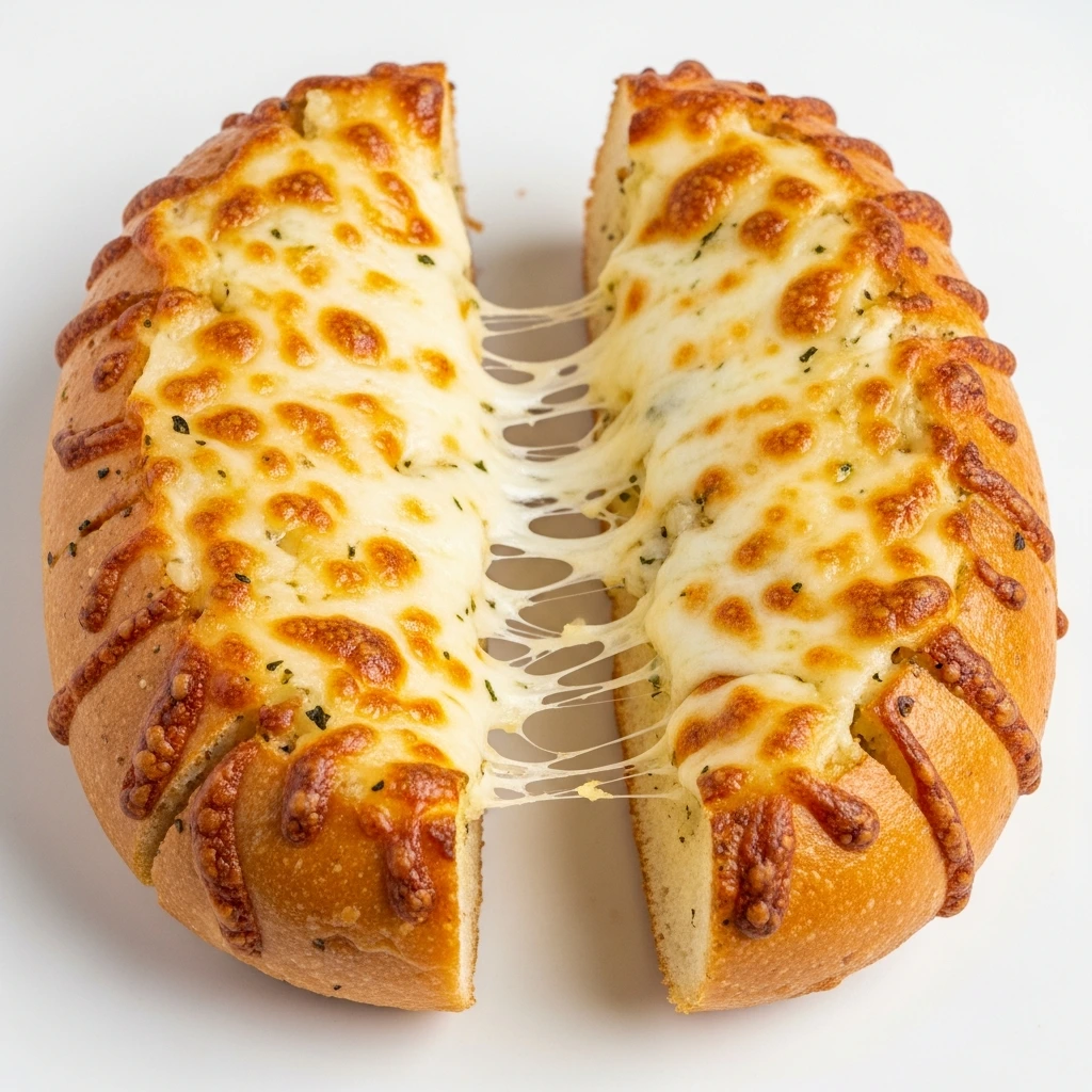“A freshly baked cheesy garlic bread loaf cut in half to show melted cheese and golden edges, bread cut-side up on a plain white surface, the cheese fully melted and slightly light golden, no extra props or decorations, clean white background, perfect lighting showing the soft interior and cheesy topping exactly as described in the recipe.”